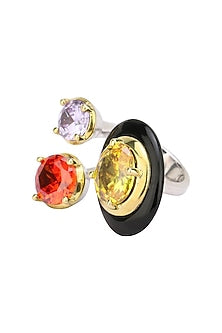 Gold Plated Black Onyx and Multi Coloured Cubic Zirconia Stones Double Finger Ring