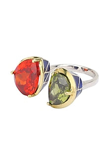 Gold Plated Pear Shaped Red and Green Cubic Zirconia Stones Finger Ring