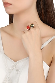 Gold Plated Pear Shaped Red and Green Cubic Zirconia Stones Finger Ring
