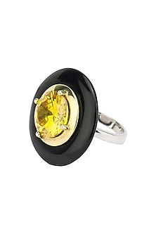 Gold Plated Black Onyx and Yellow Cubic Zirconia Stone Finger Ring