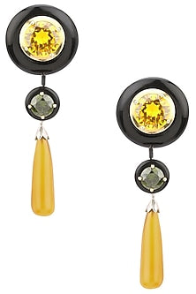 Gold Plated Black and Yellow Onyx with Peach and Green Cubic Zirconia Stones Earrings