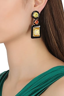 Gold Plated Black Onyx, Green, Gold and Red Cubic Zirconia Stones Earrings