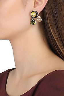 Gold Plated Black Onyx, Peach, Green and Gold Cubic Zirconia Stones Earrings
