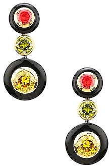 Gold Plated Black Onyx, Gold, Red and Green Cubic Zirconia Stones Two Drop Earrings