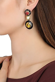 Gold Plated Black Onyx, Gold, Red and Green Cubic Zirconia Stones Two Drop Earrings