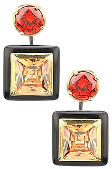 Gold Plated Black Onyx, Gold and Red Cubic Zirconia Stones Earrings