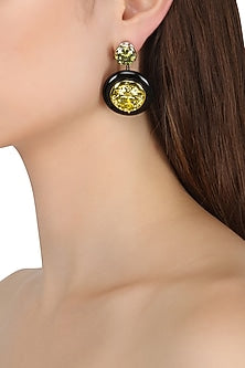 Gold Plated Black Onyx, Gold and Green Cubic Zirconia Stones Drop Earrings
