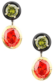 Gold Plated Black Onyx, Red and Green Cubic Zirconia Stones Abstract Earrings