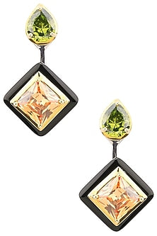 Gold Plated Black Onyx, Green and Peach Cubic Zirconia Stones Drop Earrings
