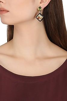 Gold Plated Black Onyx, Green and Peach Cubic Zirconia Stones Drop Earrings