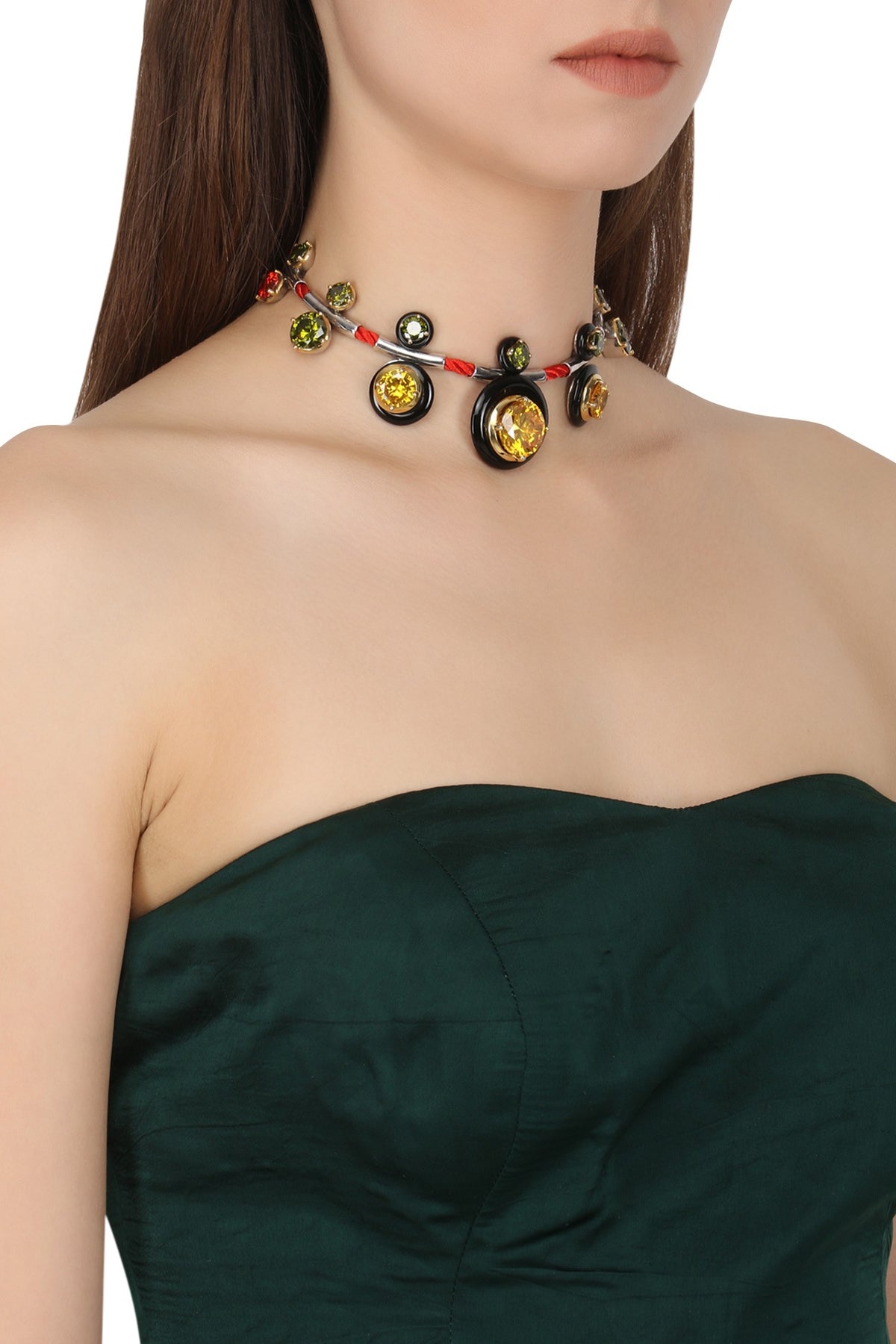 Gold Plated Black Onyx and Multi-Coloured Cubic Zirconia Stones Necklace