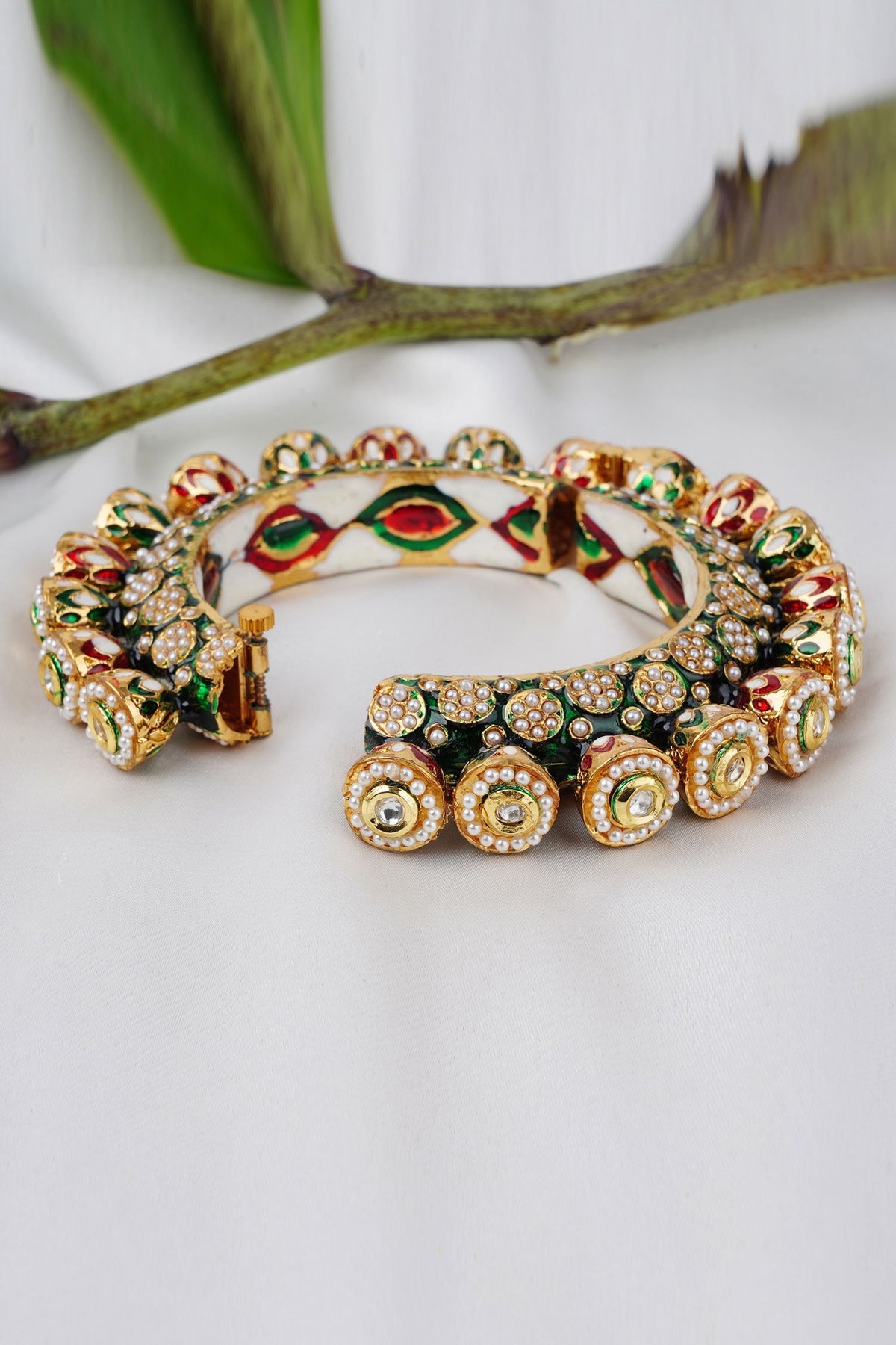 Gold Pearl Enamel Kada Bangle 
