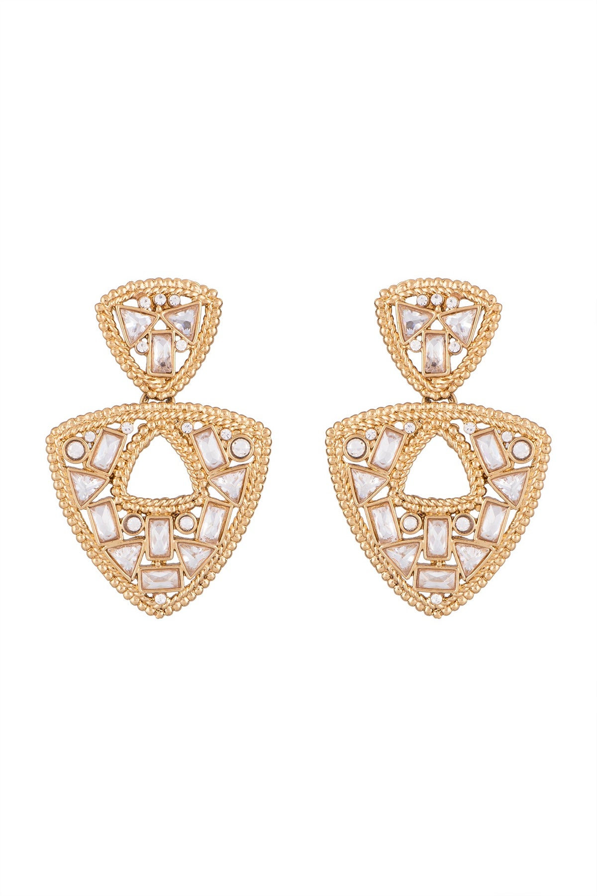 Matte Gold Finish Triangle Uncut Carved Stone Dangler Earrings