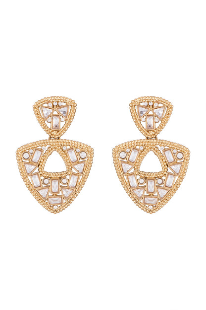 Matte Gold Finish Triangle Uncut Carved Stone Dangler Earrings