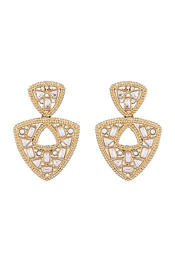 Matte Gold Finish Triangle Uncut Carved Stone Dangler Earrings