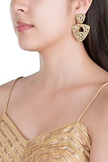 Matte Gold Finish Triangle Uncut Carved Stone Dangler Earrings