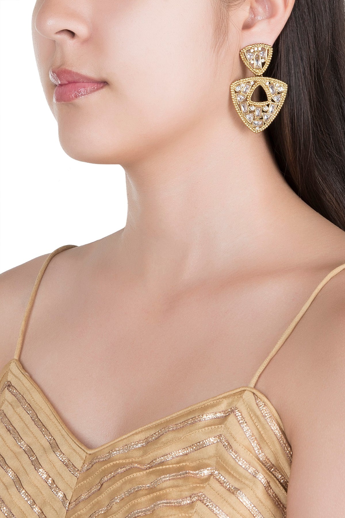 Matte Gold Finish Triangle Uncut Carved Stone Dangler Earrings