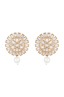 Matte Gold Finish Uncut Flower Pearl Drop & Stone Stud Earrings