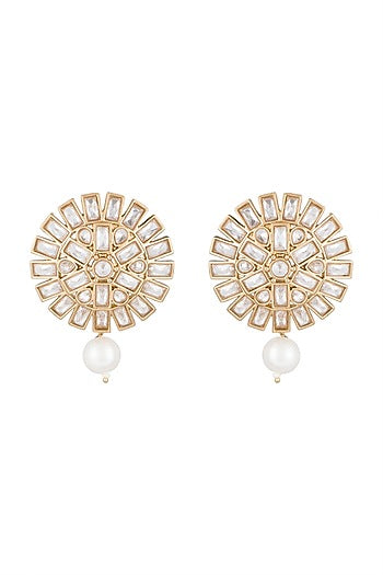 Matte Gold Finish Uncut Flower Pearl Drop & Stone Stud Earrings