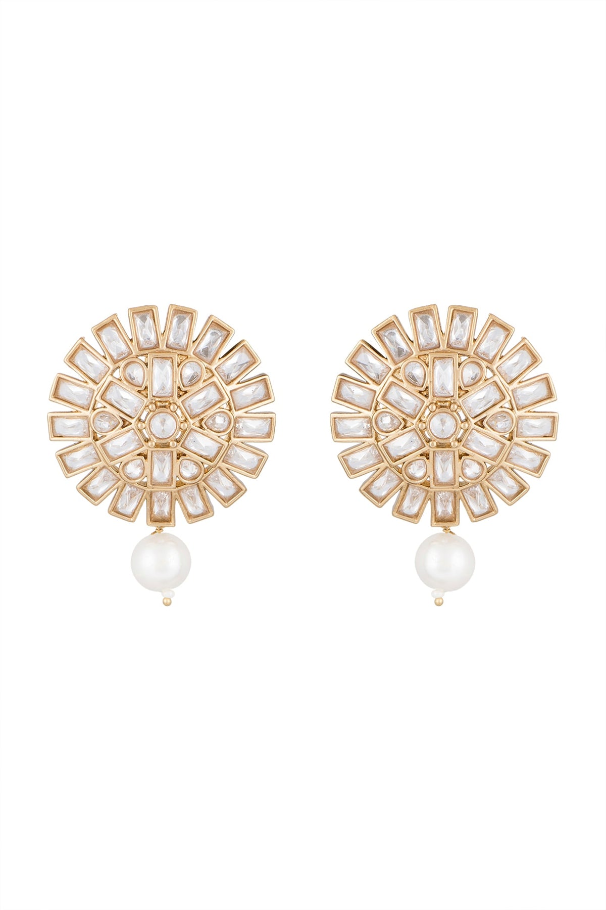 Matte Gold Finish Uncut Flower Pearl Drop & Stone Stud Earrings