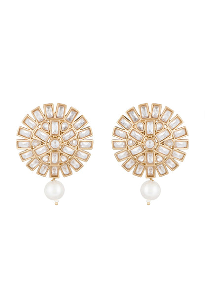 Matte Gold Finish Uncut Flower Pearl Drop & Stone Stud Earrings