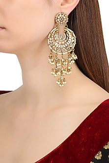 Gold Finish Kundan and White Meena Work Chandbali Earrings