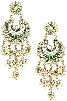 Gold Finish Kundan and Green Meena Work Chandbali Earrings