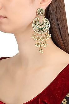 Gold Finish Kundan and Green Meena Work Chandbali Earrings