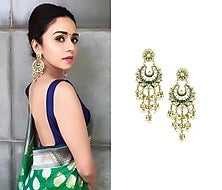 Gold Finish Kundan and Green Meena Work Chandbali Earrings
