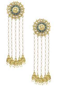 Gold Finish Kundan and Blue Meena Work Jhumki Earrings