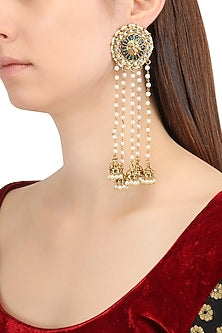 Gold Finish Kundan and Blue Meena Work Jhumki Earrings