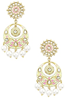 Gold Finish Kundan, Mint Green and Pink Meena Work Chandbali Earrings