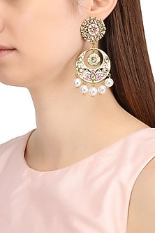 Gold Finish Kundan, Mint Green and Pink Meena Work Chandbali Earrings