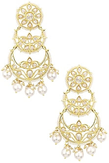 Gold Finish Double Layered Kundan and Pearls Chandbali Earrings