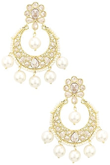 Gold Finish Single Layer Kundan and Pearls Chandbali Earrings