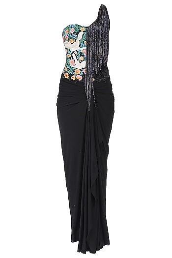 Grey and Black Floral Work and Tassel Fringes One Shoulder Gown