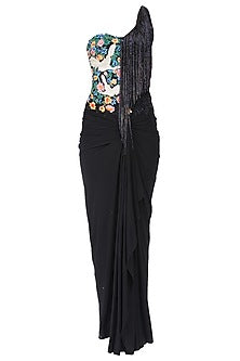 Grey and Black Floral Work and Tassel Fringes One Shoulder Gown