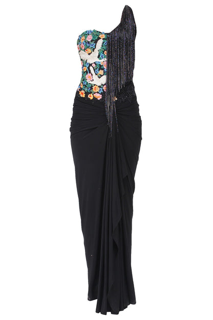 Grey and Black Floral Work and Tassel Fringes One Shoulder Gown