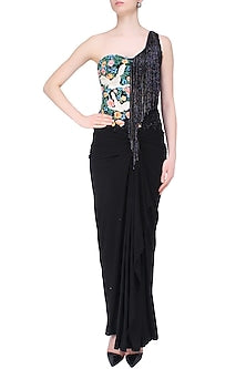 Grey and Black Floral Work and Tassel Fringes One Shoulder Gown