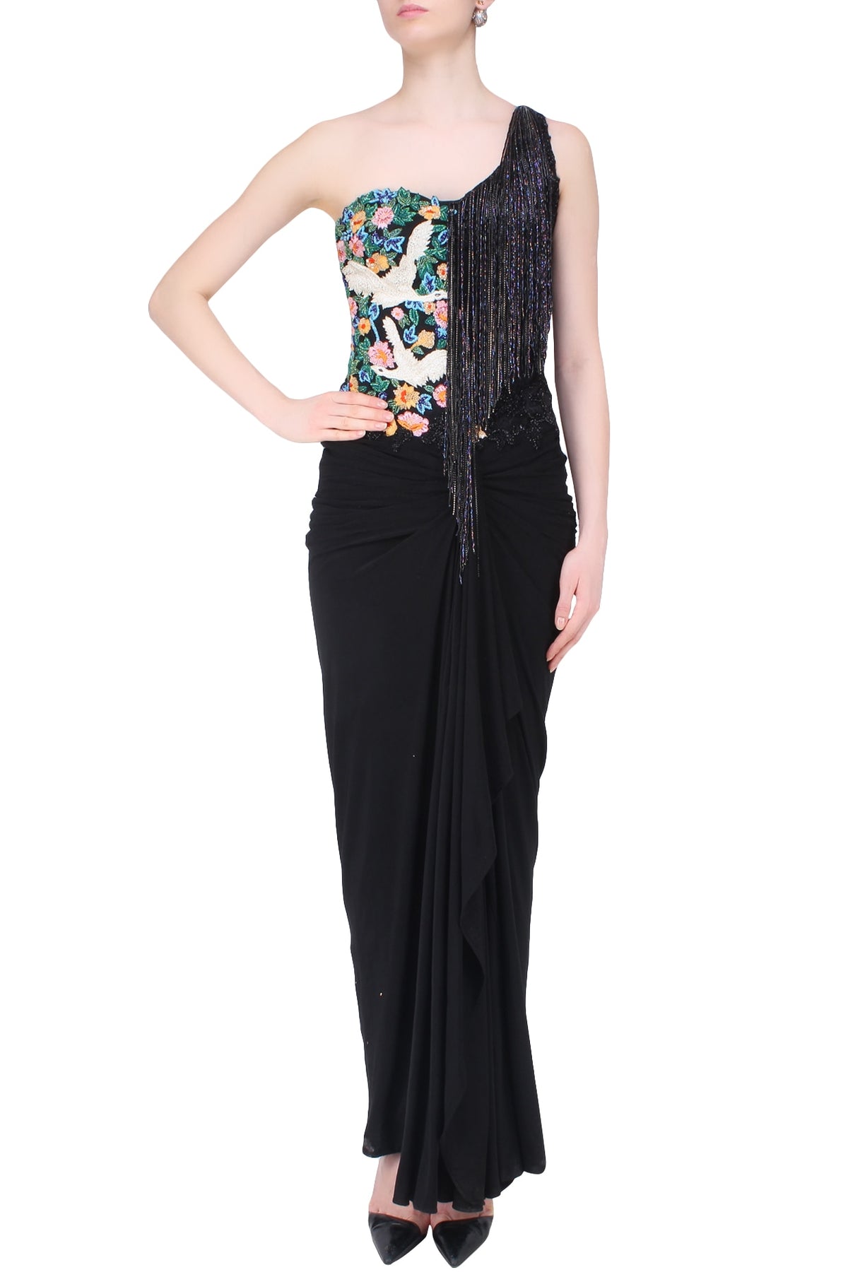 Grey and Black Floral Work and Tassel Fringes One Shoulder Gown