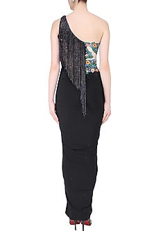 Grey and Black Floral Work and Tassel Fringes One Shoulder Gown