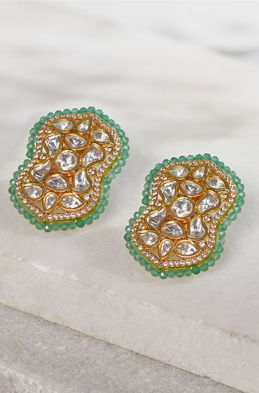 Kundan Polki Green Beaded Stud Earrings