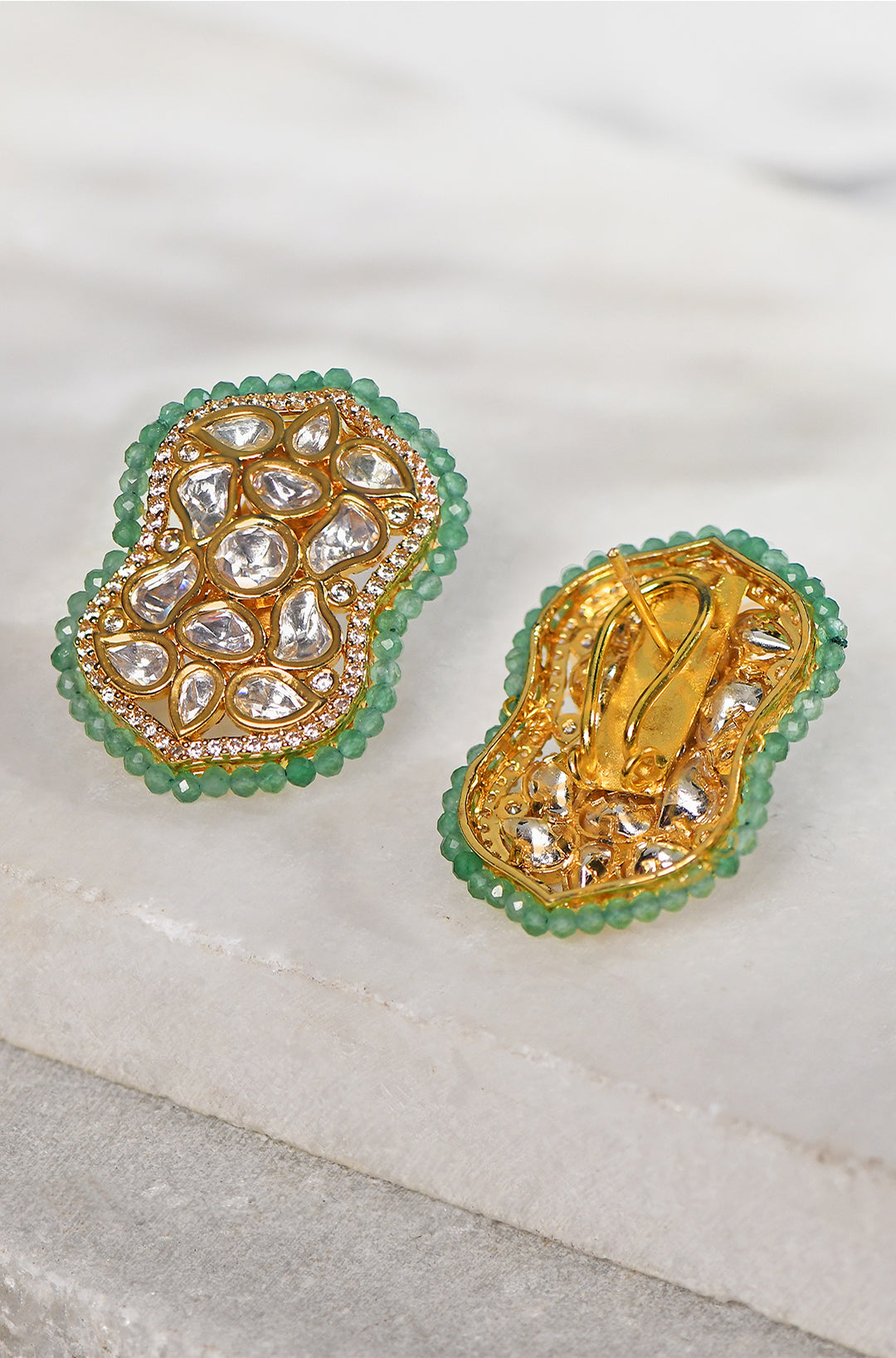 Kundan Polki Green Beaded Stud Earrings