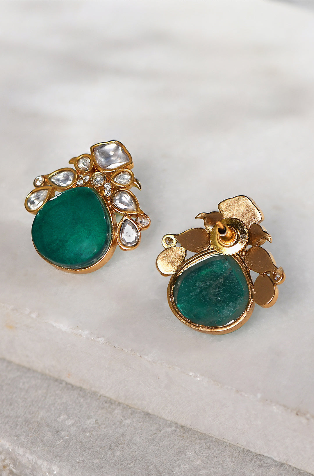 Polki Stud Earrings With Green Onyx