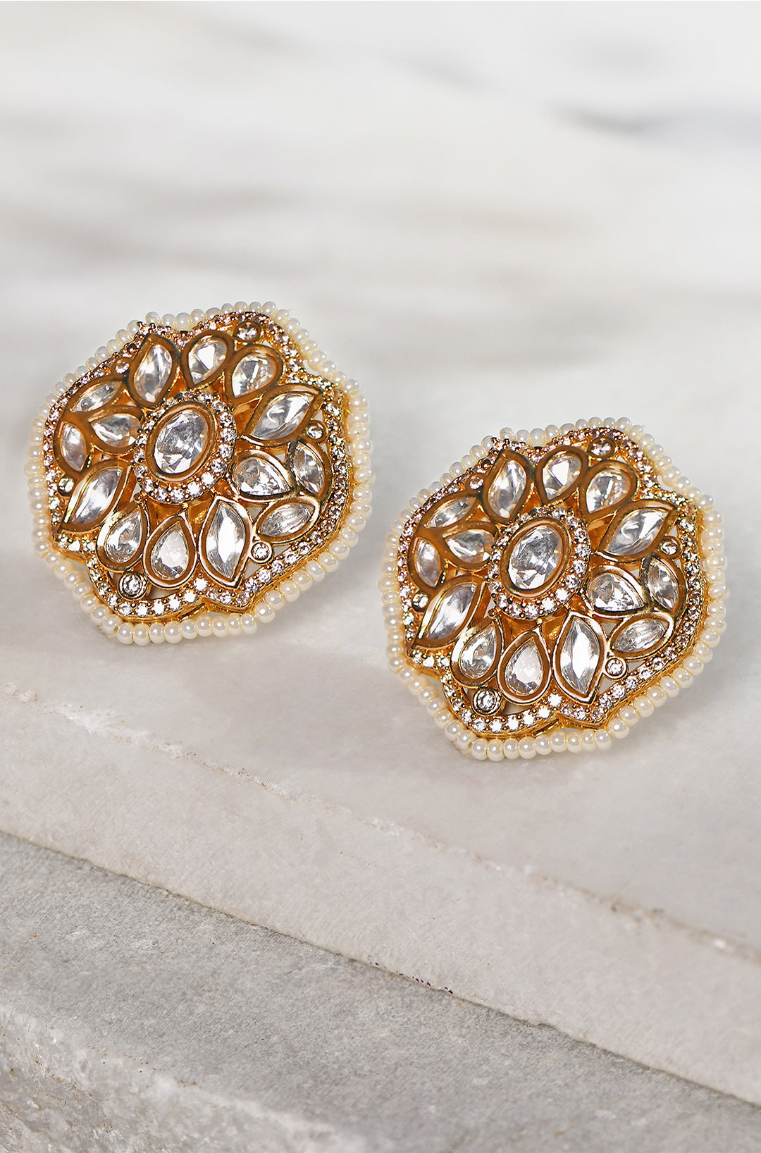 Polki Stud Earrings With Pearls