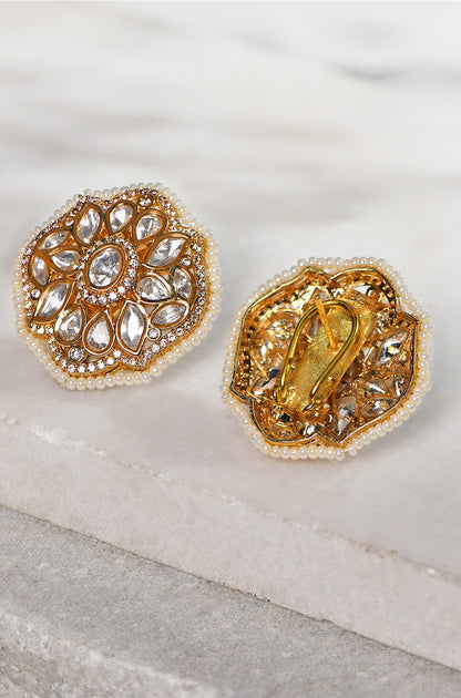 Polki Stud Earrings With Pearls