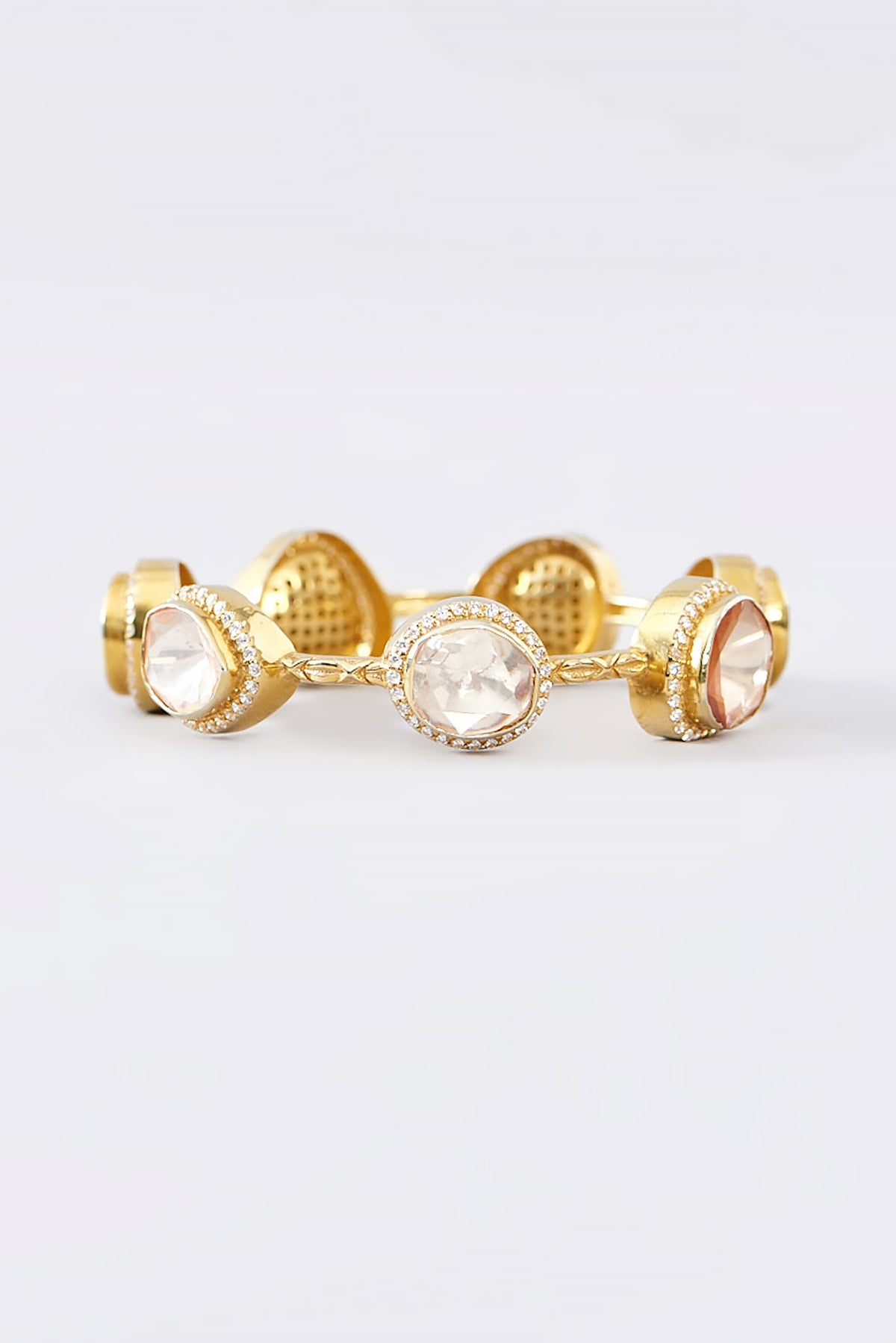 Gold Finish CZ & Moissanite Polki Bangle In Sterling Silver