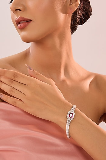 White Gold Finish Zircon & Ruby Stone Bracelet In Sterling Silver