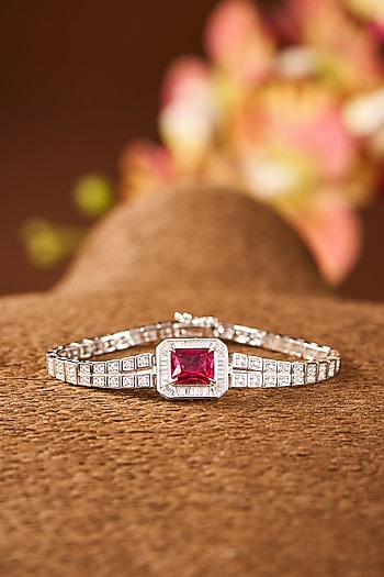 White Gold Finish Zircon & Ruby Stone Bracelet In Sterling Silver