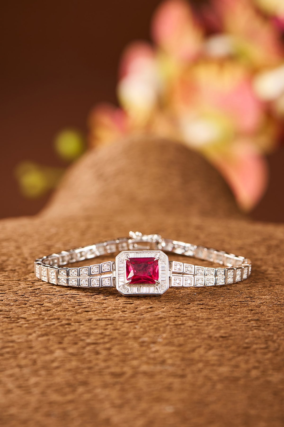 White Gold Finish Zircon & Ruby Stone Bracelet In Sterling Silver